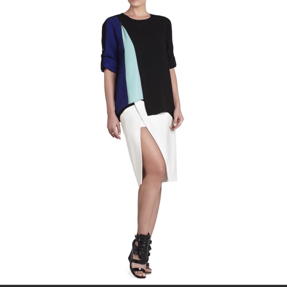 BCBGMAXAZRIA Versatile Blue-Aqua-Black Zip Blouse - Picture 3 of 11